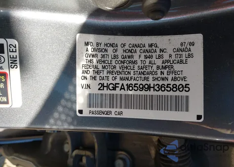 2009 Honda Civic Lx из США, поврежденный, VIN 2HGFA16599H365805